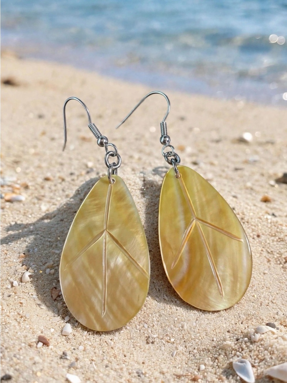 Yellow Leaf Teardrop Shell Dangle Earrings - Women Jewelry